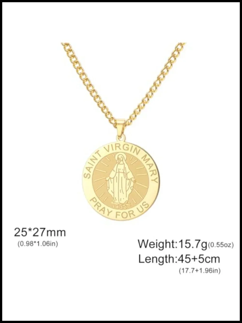 Stainless Steel Virgin Mary Pendant Necklace Catholic Miraculous Medal Gift